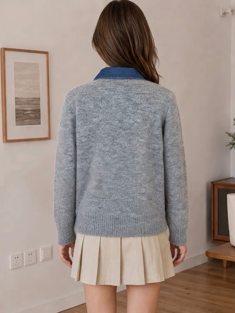 Classy Light Gray Argyle Button-Up Sweater Cardigan Denim Collar New - Picture 4 of 6